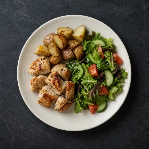 Muestra de pollo, patata y ensalada